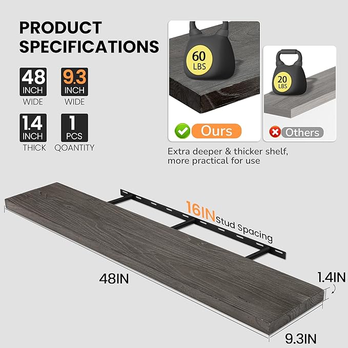Fun Memories Floating Shelves for Wall, 48"x9.3" Rustic Solid Elm Wood Shelves, Heavy-Duty Wall Mounted Shelves with Invisible Brackets for Living Room, Bedroom, Kitchen, Grey Finish-Ruum Studio Home