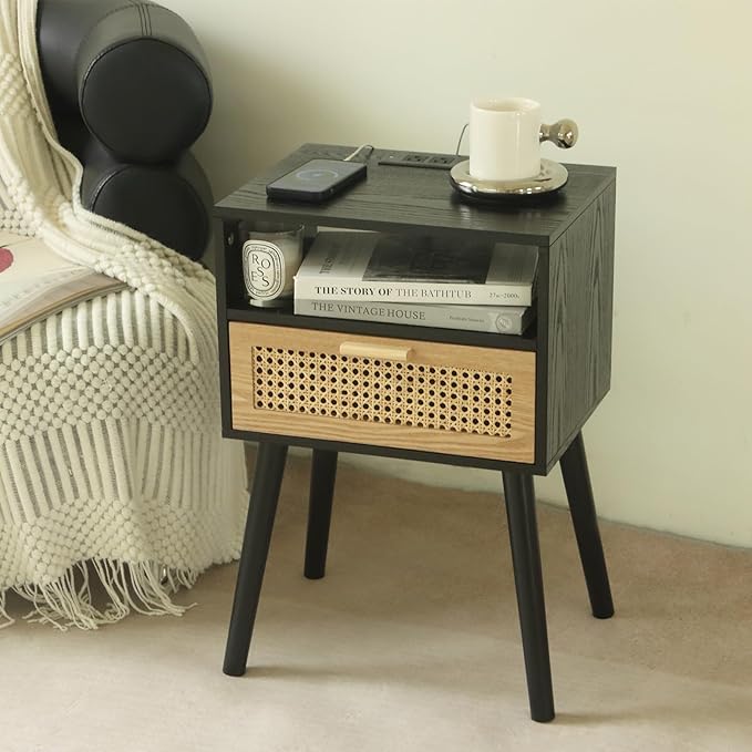 MaxSmeo Mid Century Modern Nightstand with Charging Station, Bedside Tables with Rattan Drawer, Small Wood Nightstand Side Table for Living Room,Bedroom (Black)-Ruum Studio Home