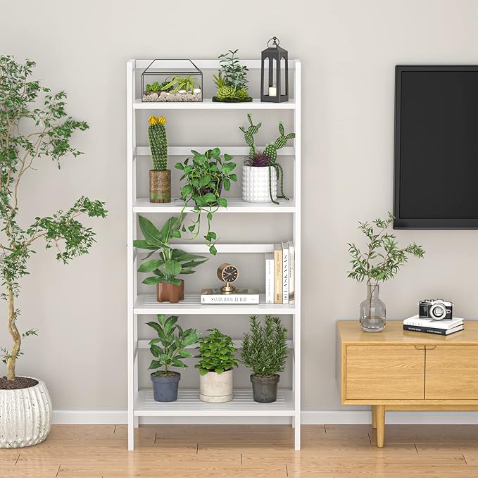 Homykic Bamboo White Bookshelf 4-Tier Ladder Shelf, 49.2” Freestanding Open Bookcase Book Shelf Bathroom Storage Shelf Unit Plant Stand for Small Space, Bedroom, Living Room, Home Office-Ruum Studio Home