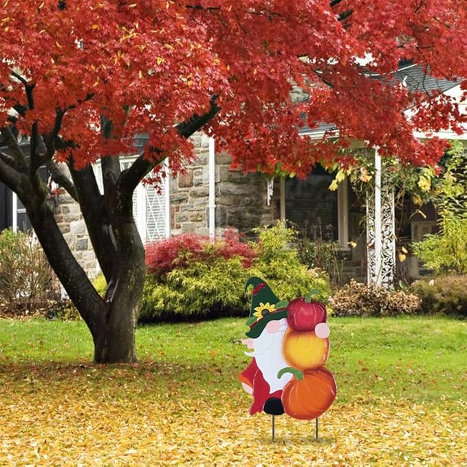 YEAHOME Fall Decorations Outdoor, Metal Gnome with Pumpkin Decorative Garden Stakes for Fall Decor, Autumn Yard Signs for Home Outside Garden Lawn Porch, Thanksgiving Decorations Outdoor (YHMD-476)-Ruum Studio Home