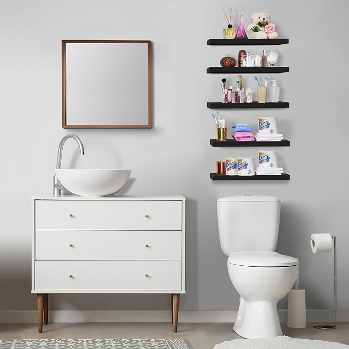 Sorbus Floating Shelves for Wall, Bathroom Shelves Wall Mounted for Kitchen, Bedroom, Living Room, Bathroom Storage, Over Toilet, Hanging Book Shelf for Ｗall Home Decor (Black, 5 Pack)-Ruum Studio Home