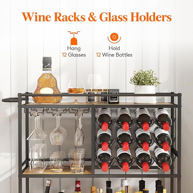 Lifewit Bar Cart for The Home, 3 Tier Drink Cart with Lockable Wheels, 12 Wine Rack and 3 Rows Glass Holders, Liquor Serving Cart for Kitchen Dining Livingroom, 31.6" x 13.1" x 33.9", Rustic Brown-Ruum Studio Home