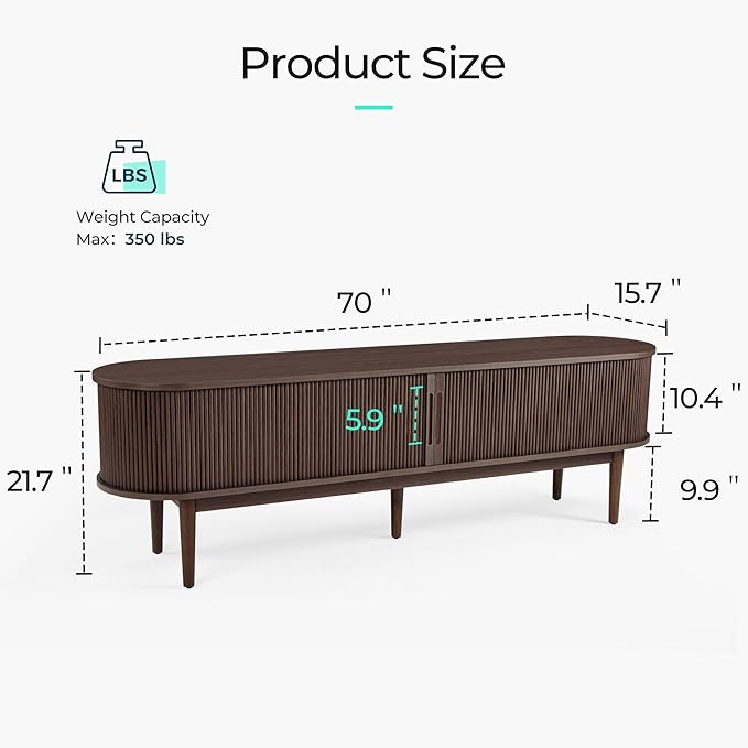 LINSY HOME Fluted TV Stand for 75" TV, Mid-Century Modern 70" Entertainment Center with Sliding Tambour Door and Storage Cabinet, Cruved TV Media Console Table for Living Room, Bedroom, Walnut-Ruum Studio Home