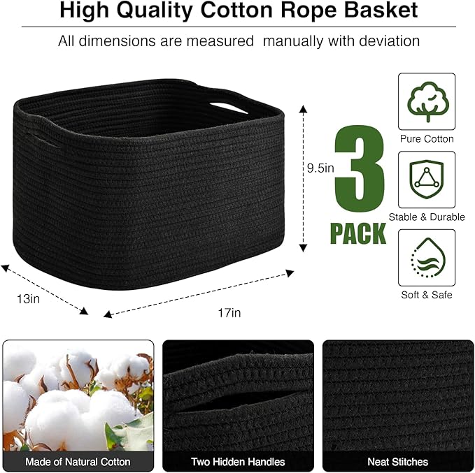 Large Storage Baskets for Organizing Shelves, Woven Cotton Rope Bins for Baby Nursery Organization, Book Toy Towel Organizer, 17"x13"x9.5", 3 Packs, Black-Ruum Studio Home
