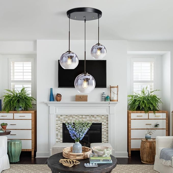 KCO Lighting Modern 3-Light Hanging Light Fixture Silver Gradient Glass Globe Pendant Ceiling Lighting with Adjustable Cord Mid Century Hanging Chandelier Light Fixture for Kitchen Island Bedroom…-Ruum Studio Home