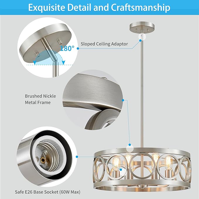 XINGQI 6-Light Modern Farmhouse Chandelier Brushed Nickel, 21.7'' Drum Ceiling Light Fixture for Living Dining Room Over Table with Round Metal Shade Pendant Lighting-Ruum Studio Home