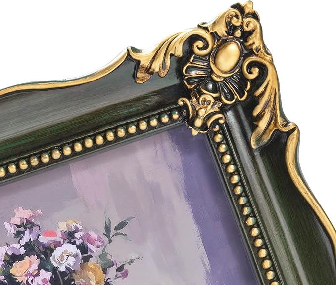 8x10 Vintage Picture Frame with Embossed Flower Design, Green Ornate Frame for 8x10 or 5x7 Pictures with White Mat, Hand-Crafted Resin Antique Frames for Tabletop & Wall Hanging, Home Decor (Green )-Ruum Studio Home
