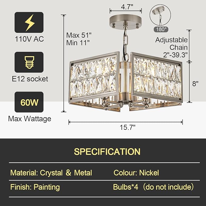 12” 4-Light Modern Crystal Chandeliers Nickel Dinning Room Light Fixture, Square Pendant Light Kitchen Island Chandelier, Flush Mount Ceiling Light for Living Room Entryway Bedroom Foyer-Ruum Studio Home