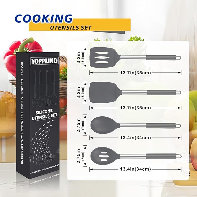 5-Piece Silicone Kitchen Tool Set, BPA-Free, Heat-Resistant, Non-Stick & Dishwasher-Safe, with Slotted/Solid Spoons & Spatulas for Frying, Mixing, Draining – Includes Multi-Purpose Serving Hook(Gray)-Ruum Studio Home