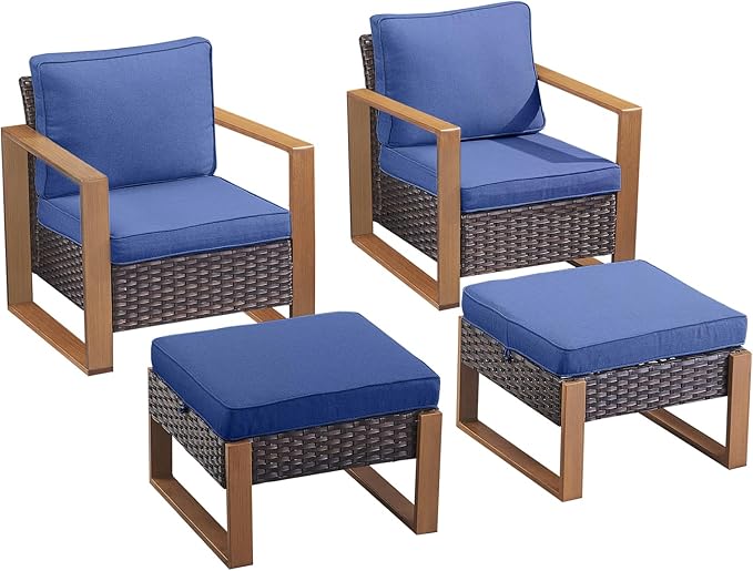 Outdoor Wicker Patio Furniture Set - 4 Piece Patio Conversation Set with 2 Wicker Armrest Chairs,2 Rattan Ottoman, Sturdy Frame, Thick Cushions, Deep Seating(Brown/Blue)-Ruum Studio Home