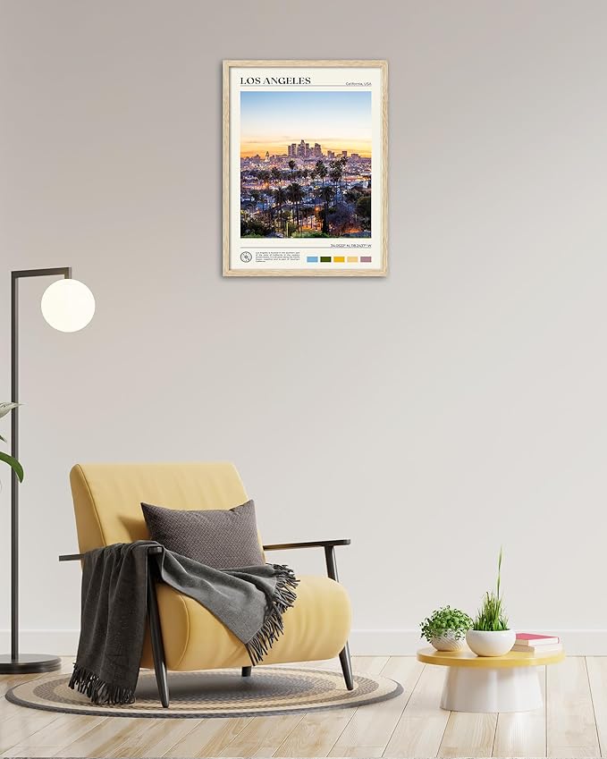 HesenDot Natural OAK Wood Los Angeles Cityscape Framed Wall Art,12x16in City Skyline Canvas Wall Print,Modern Urban Landmark Wall Decor for Living Room,Bedroom,Office Gallery Gifts Set of 1-Ruum Studio Home