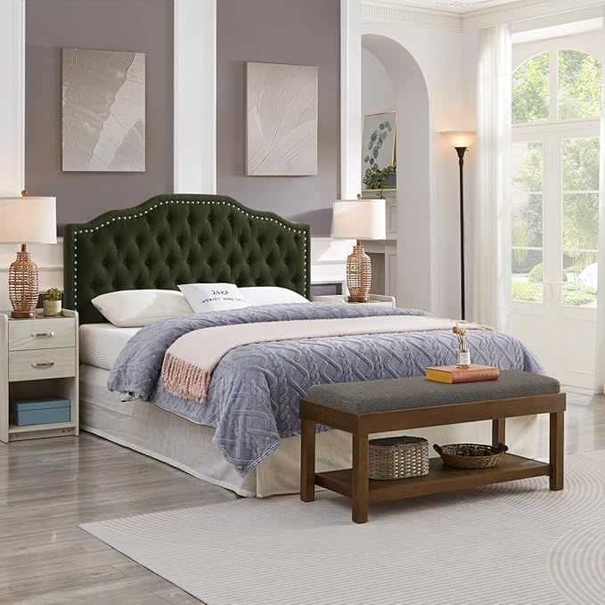 24KF Upholstered Button Tufted Queen Headboard with Nailhead Trim, Elegant Boucle Fabric Full headboard, 6031-Q-Boucle-Dark Green-Ruum Studio Home