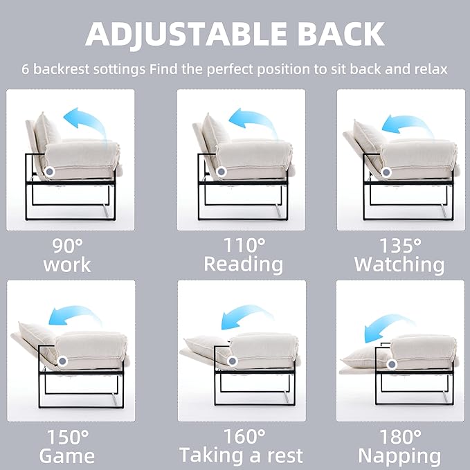 YISHENG Accent Chair with 6-Angle Adjustable Backrest, Chenille Fabric Living Room Chair Upholstered Lounge Chair, Modern Chair Cozy Reclining Chair for Reading Room, 1PC White-Ruum Studio Home