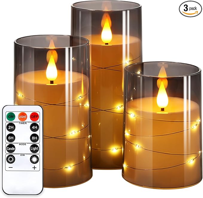 NURADA Flickering Flameless Candles: Built-in Star String Lights Unbreakable 3D Wick Acrylic Battery Operated LED Pillar Candles with Remote and Timer for Romantic Mood Home Decoration - 3 Pack Gray-Ruum Studio Home