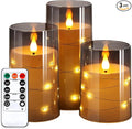 NURADA Flickering Flameless Candles: Built-in Star String Lights Unbreakable 3D Wick Acrylic Battery Operated LED Pillar Candles with Remote and Timer for Romantic Mood Home Decoration - 3 Pack Gray-Ruum Studio Home