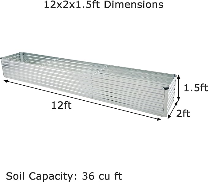 12x2x1.5ft Galvanized Raised Garden Bed,Outdoor Planter Box Metal Patio Kit Planting Bed for Vegetables Flowers Herb,Silver-Ruum Studio Home