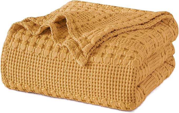 PHF 100% Cotton Waffle Weave Blanket Twin Size, Soft Lightweight Breathable Cozy Summer Blankets for Bed, Luxury Aesthetic Woven Bedding for Home Decor, 66"x90", Ginger/Honey Yellow-Ruum Studio Home