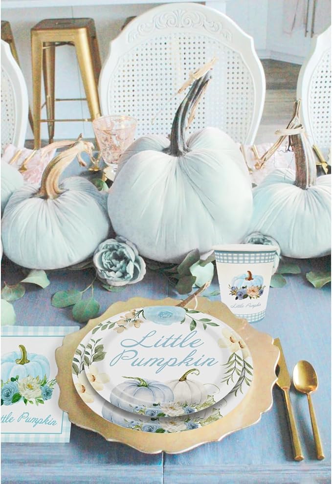 Aukolass Pumpkin Party Supplies Tableware Set - Fall Theme Party Decorations Including Plates, Napkins and Cups for Pumpkin Birthday and Baby Shower Party, Serves 24 Guests (blue)-Ruum Studio Home