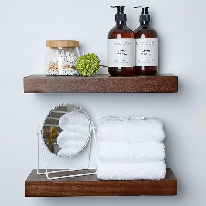 Homeforia Walnut Floating Bathroom Shelves, High End Solid Real Wood 16 inch Small Floating Shelf for Wall Mounted, Dark Brown 16inch Floating Shelves, Heavy Duty Bracket, 16 X 6.5 X 1.75 in, Set of 3-Ruum Studio Home