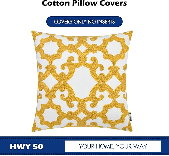HWY 50 Mustard Yellow Decorative Throw Pillow Covers 18x18 Inch (1 Piece), Embroidered Cotton Farmhouse Cushion Cover Pillow Case for Sofa Couch Living Room Bed, Geometric-Ruum Studio Home