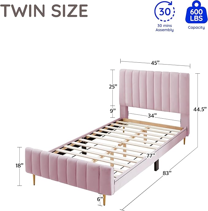 Livinia Twin Size Elton Velvet Platform Bed, Upholstered Bed Frame with Vertical Channel Tufted Headboard Footboard, Strong Wood Slats, No Box Spring Needed, Pink (Twin)-Ruum Studio Home