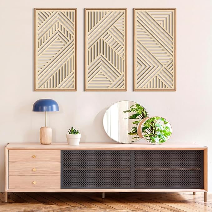 IARTTOP 3 Pieces Wood Boho Wall Art Framed Mid century Modern Wooden Wall Decor Large Minimalist Geometric Line Decor for Living Room Bedroom Office-16 x32-Ruum Studio Home