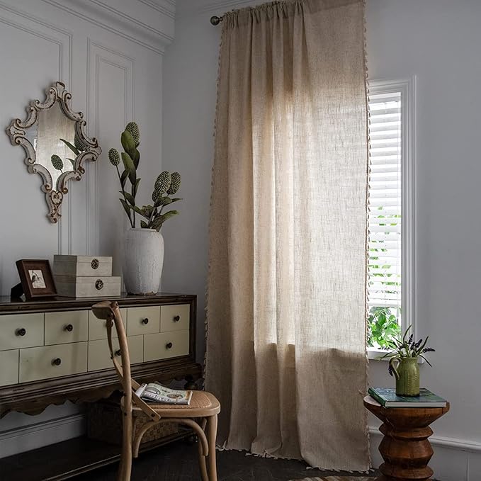 Sutuo Home Boho Curtain for Farmhouse Bedroom, Natural Linen Look Textured Burlap Rod Pocket Chic Semi Blackout Bohemian Handmade Tassels Window Treatment for Living Room, 1 Panel 59" W x 108" L-Ruum Studio Home