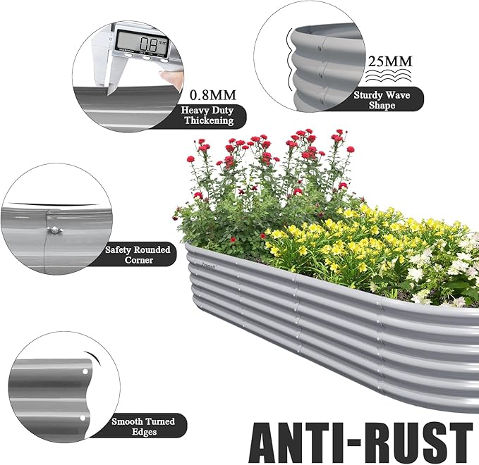 1 Pack 8x3x1.5FT Galvanized Raised Garden Bed Kit Oval Metal Ground Planter Box Outdoor Bottomless Planter Raised Beds for Vegetables Flowers Herbs Fruits, Gray-Ruum Studio Home