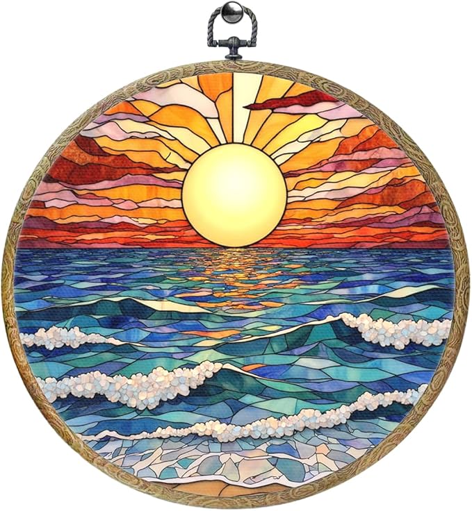 Colorful Boho Waves on The Beach Sunset Gifts for Sunset Lovers Framed Round Wall Decor Canvas Wall Art Hanging Prints Artwork for Home Nursery Bathroom Bedroom Living Room Decorations 10.2X10.2 Inch-Ruum Studio Home