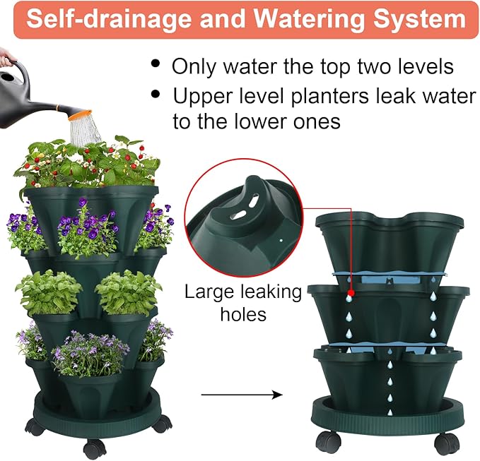 Vertical Planter 4 Tier Stackable Planters Garden Planters Strawberry Herb Flower and Vegetable Planter Indoor Outdoor Gardening Pots with Removable Wheels and Tools-Ruum Studio Home