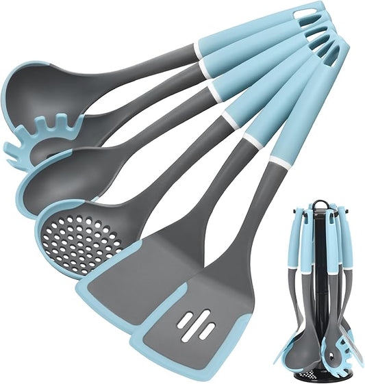 Kitchen Cooking Utensils Set, Non-Stick Spatula Set with Rotating Stand, 6 PCS Silicone Utensils Set for Cooking, 400°F Heat Resistant, Kitchen Gadgets with Nylon Handle & Stable Holder, Grey Blue-Ruum Studio Home