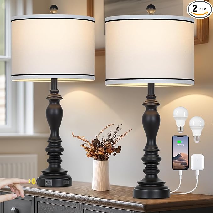 27.5" Farmhouse Table Lamp for Living Room, Black Lamps Set of 2 with USB A+C Ports, Mid Century Tall Table Lamp for Bedroom, Bedside Lamps for Night Stands(2 Bulbs Included)-Ruum Studio Home