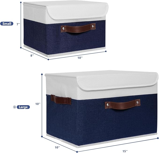ANMINY Storage Boxes with Lids Washable Decorative Storage Bins Basket with PU Leather Handle Foldable Linen Fabric Storage Cubes Containers for Home Closet Organizer - Deep Blue White, Large Size-Ruum Studio Home
