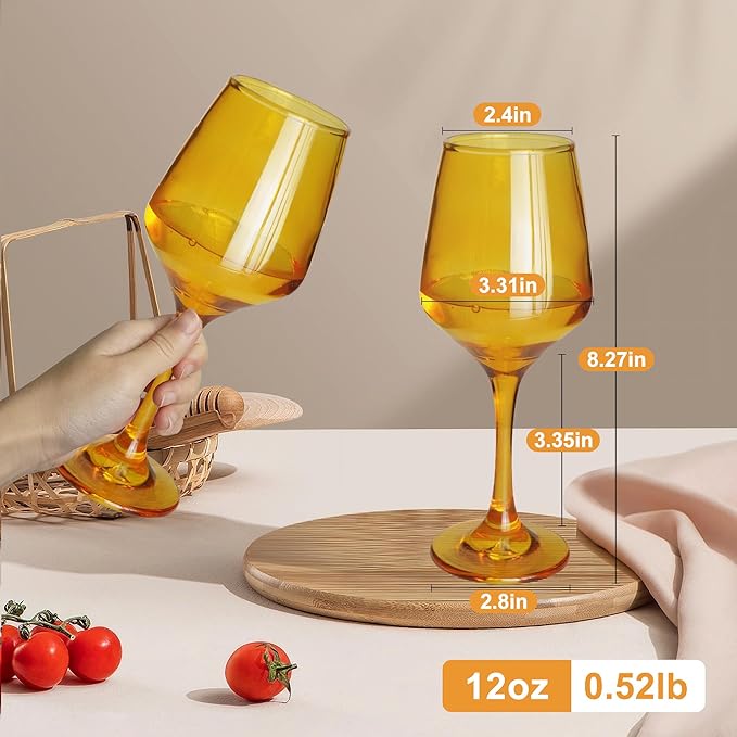 Amber Wine Glasses Set of 6-12oz Amber Long Stem Wine Glass Cups, Pretty Crystal Glassware, Hand Blown Goblets Drinkware, Unique Drinking Stemware Holiday Gift Set-Ruum Studio Home