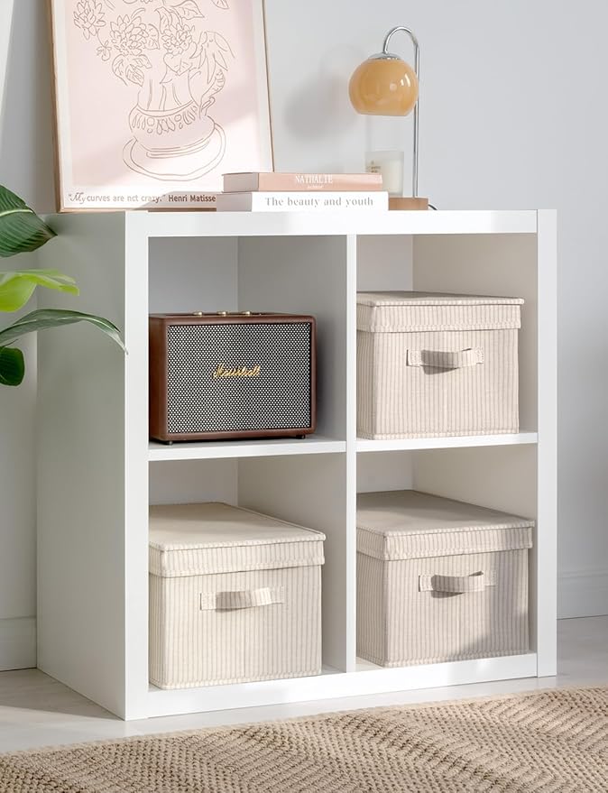 StorageWorks Large Storage Bins with Lids, Decorative Storage Boxes with Lid and Handles, Foldable Storage Baskets for Closet, Shelves, Stackable, Khaki Stripe, 3-Pack-Ruum Studio Home