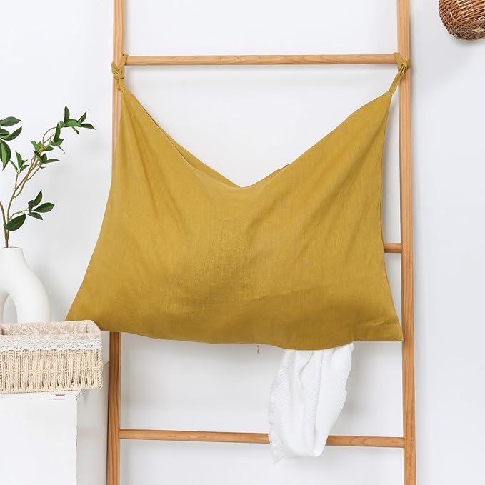 Hanging Linen Laundry Bag, 100% Pure Flax Linen Over The Door Hamper with Bottom Zipper for Laundry Room, Household Dirty Cloth Storage Organizer Bag, Turmeric-Ruum Studio Home