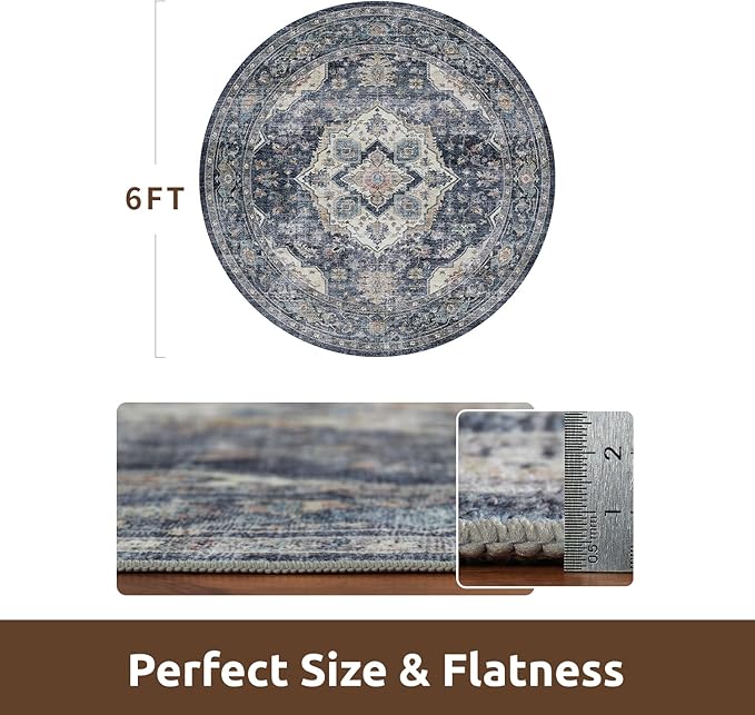 AMOAMI-6FT Round Rug-Rugs for Living Room-Vintage Soft Blue Rugs for Bedroom-Non Slip Circle Rug-Machine Washable Rug for Dining Room Living Room Bedroom Office Under Table-Ruum Studio Home