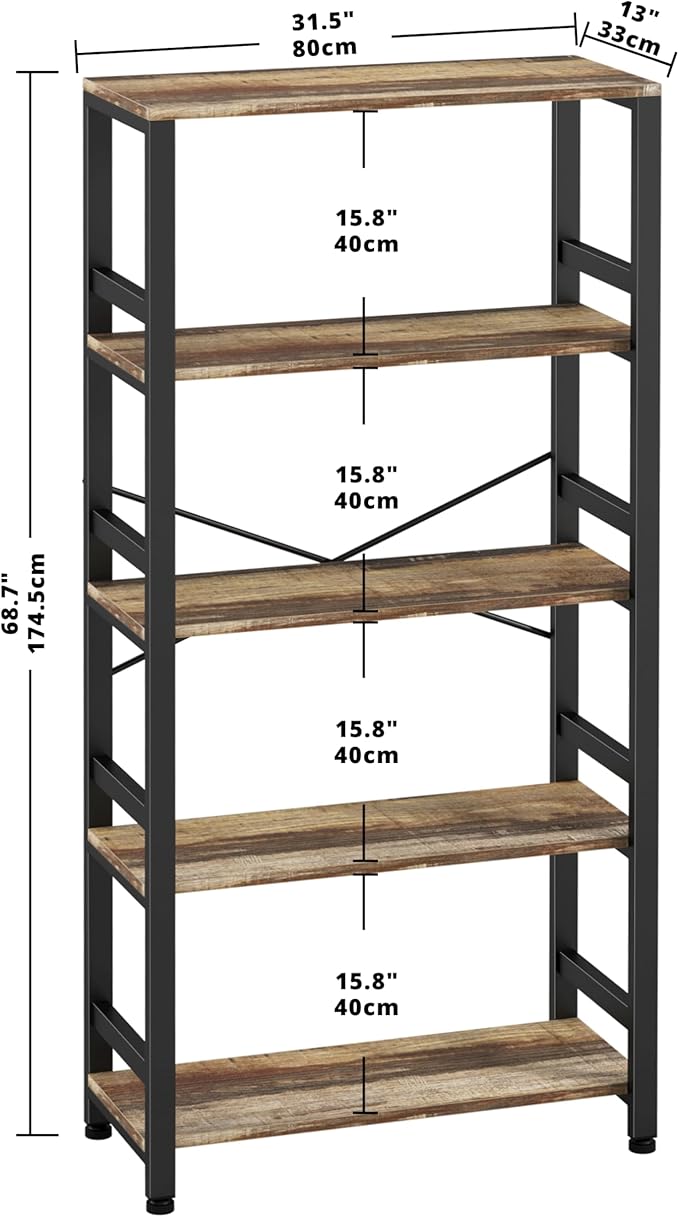 IRONCK Bookshelves and Bookcases, 31.5in Wide Shelf 5-Tier Ladder Shelf 110lbs/shelf Vintage Industrial Style Bookcase for Bedroom Living Room Home, Rustics Brown-Ruum Studio Home