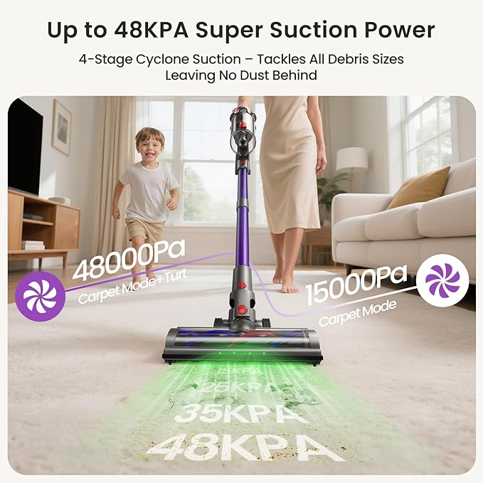 Xlife 550W Cordless Vacuum Cleaner 48KPa Powerful Suction, Long Runtime, Green Light Dust Detection, Adjustable Stick, Tangle-Free Brush for Pet Hair/Carpet/Hardwood Floors-P12-Ruum Studio Home