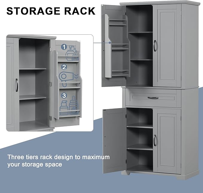 72.2" Tall Storage Cabinet with 4 Doors and Drawer, Freestanding Linen Cabinet, Wooden Pantry with Adjustable Shelf for Kitchen, Bathroom, Living Room, Grey-Ruum Studio Home