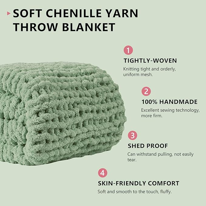 L'AGRATY Chunky Knit Blanket Throw: 80''x90'' Chenille Chunky Knitted Throw Blanket for Bed Couch - Handmade Thick Big Cable Knit Blanket - Large Chunky Crochet Blanket for Home Decor(Sage Green)-Ruum Studio Home