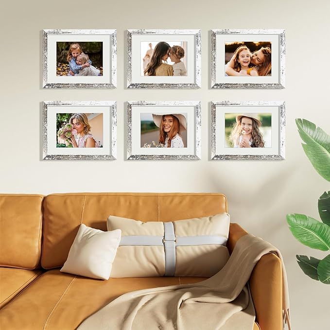 Vittanly 8.5x11 Picture Frames Set of 9, Shatter Resistant Plexiglass, Display 6x8 Pictures with Mat or 8.5x11 without Mat, Photo Frames for Wall or Tabletop, Engineered Wood, Distressed White-Ruum Studio Home