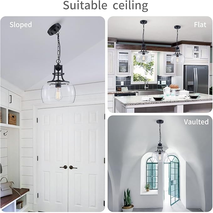 WUZUPS Chandelier Rustic Farmhouse Industrial Round Ceiling Pendant LED Light Fixture with Clear Glass Shades for Dining Room Kitchen Island Foyer Entryway, H 13" x W 10", E26 Base, Black-Ruum Studio Home