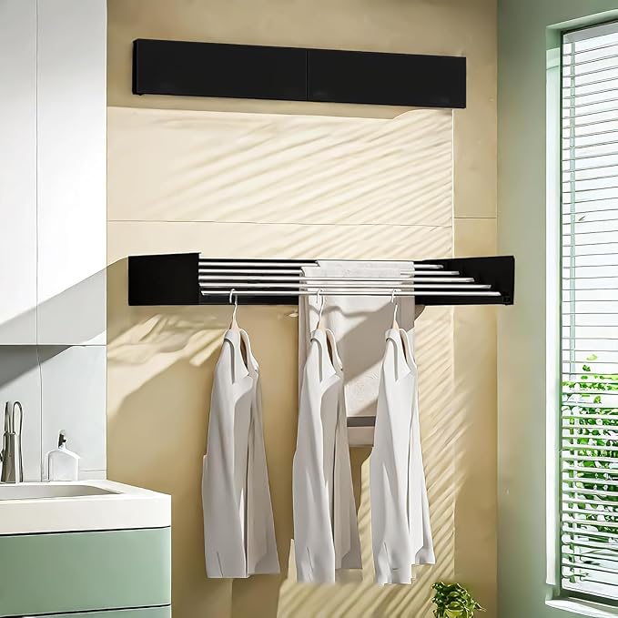 Laundry Drying Rack Collapsible, Wall Mounted Clothes Drying Rack. 39.37" Wide, 19.3 Linear Ft, 5 Aluminum Rods, with Wall Template, Screwdriver Bit (Black 1M)-Ruum Studio Home