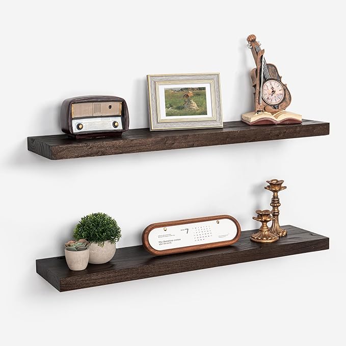 Axeman Floating Shelves for Wall - 32''W x 8'' D Rustic Solid Elm Wood Shelves for Storage, Wall Mounted Display Shelving with Invisible Heavy-Duty Metal Bracket (Walnut, 2PCs)-Ruum Studio Home