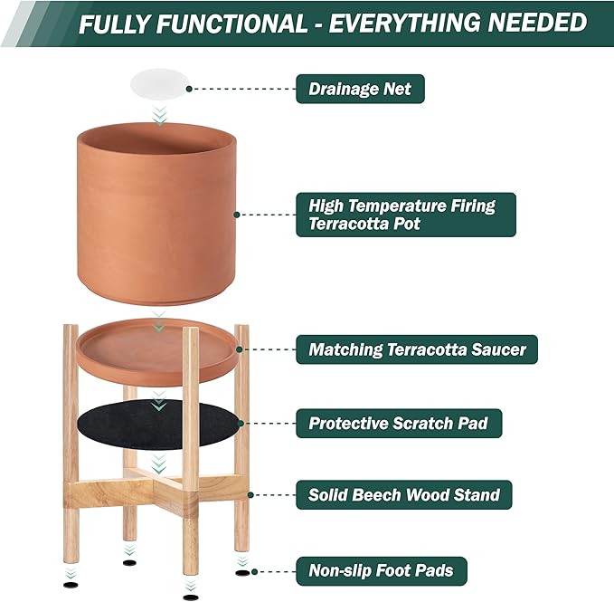 D'vine Dev Terracotta Planter with Natural Stand - 8 Inch Modern Round Flower Pot with Wood Planter Holder, Terracotta, 55-B-N-5-Ruum Studio Home