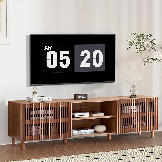 Bonzy Home 70" Mid Century Modern TV Stand, TV Console for TV up to 75", Slatted Entertainment Center with Storage and Open Shelves for Living Room, Bedroom, and Media Room-Ruum Studio Home