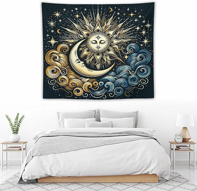 HZOHNAGO Sun Moon Tapestry Boho Golden Stars Pattern Printed Wall Tapestry Wall Hanging for Bedroom Living Room Dorm 60" W x 50" H-Ruum Studio Home
