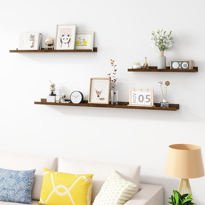 Picture Ledge Shelf, Wood Floating Shelves Set of 4, 24 inch Picture Ledge Shelves, Photo Ledge Nursery Book Shelves Wall Mounted for Living Room Kids' Room Bedroom, Color Walnut-Ruum Studio Home