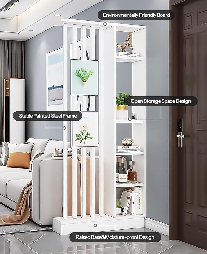 Wall Room Divider, Storage Cabinet Storage Display with Shelves, Modern Freestanding Wood Room Divider Screen, Wall Privacy Screens for Home Decorative (White,35.4" L x 9.5" W x 79.5" H)-Ruum Studio Home